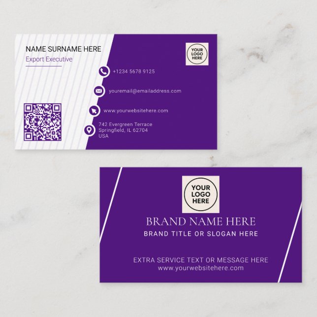 Purple Formal QR Code Professional Modern Business Card (Front/Back)