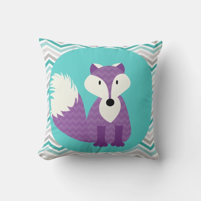 Purple Fox on Aqua Throw Pillow (Front)