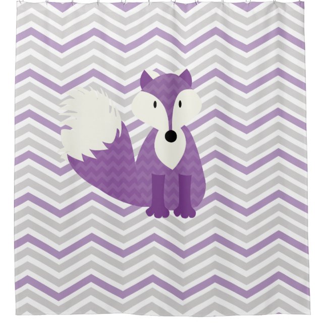 Purple Fox on Grey, White, Lilac Chevron Stripes Shower Curtain (Front)