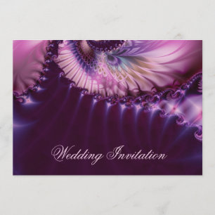 Purple fractal peacock feather wedding invitation