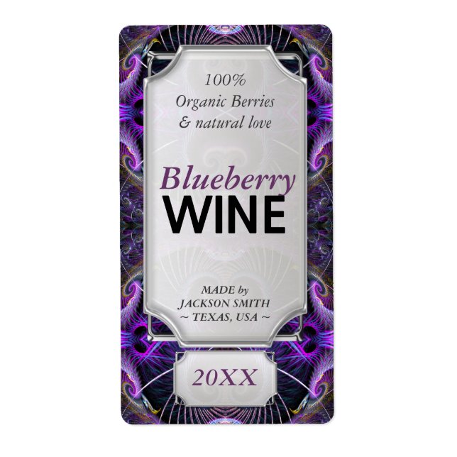 Purple Fractals Custom Text Wine Bottle Labels (Front)