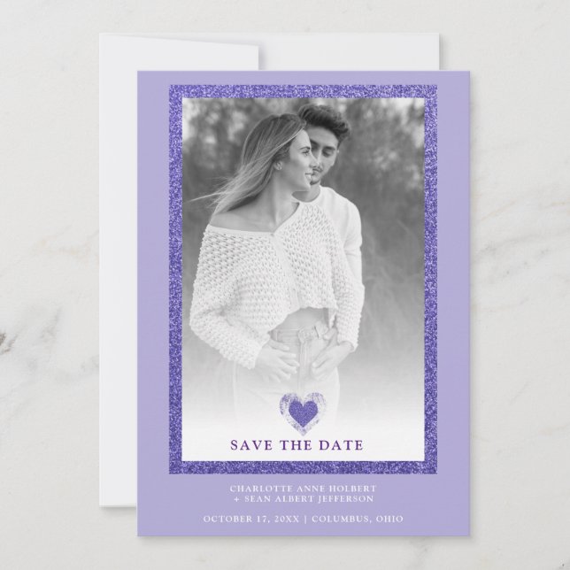 Purple Frame Sparkle Simple Photo Engaged Heart Save The Date (Front)