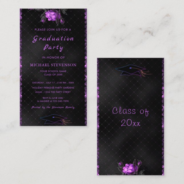 Purple Framed Black Modern Grad Party Invitation (Front/Back)