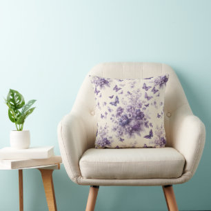 Purple French Country Toile Fleurie Butterflies Cushion