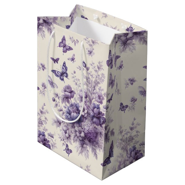 Purple French Country Toile Fleurie Butterflies Medium Gift Bag (Back Angled)