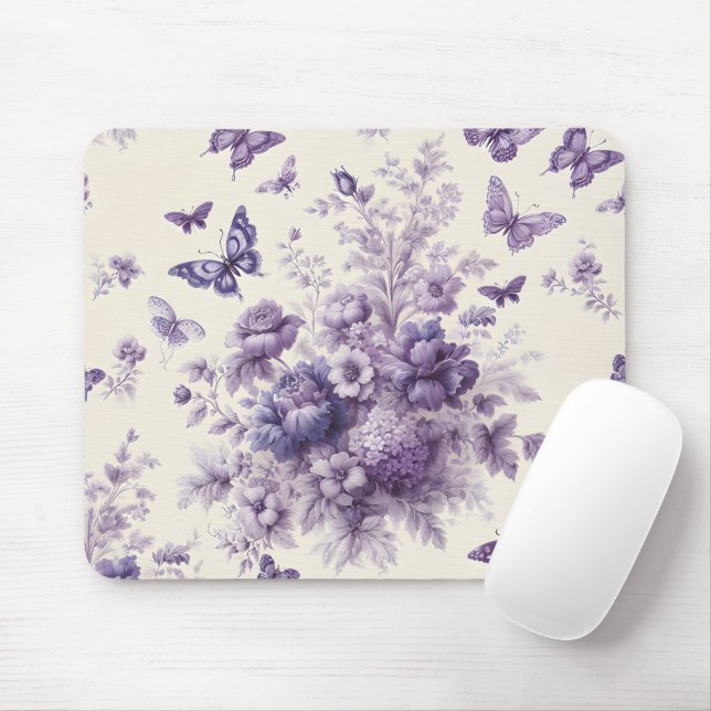 Purple French Country Toile Fleurie Butterflies Mouse Mat (With Mouse)