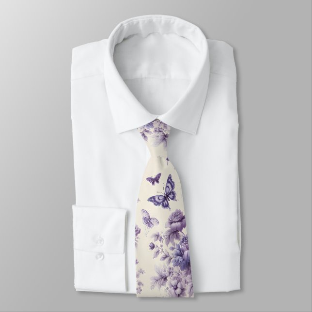 Purple French Country Toile Fleurie Butterflies Tie (Tied)