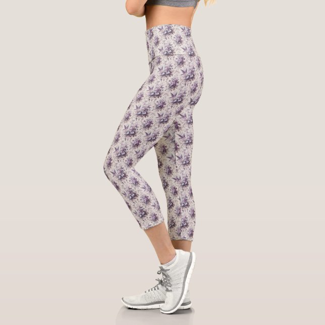 Purple French Toile Fleurie Birds Capri Leggings (Left)