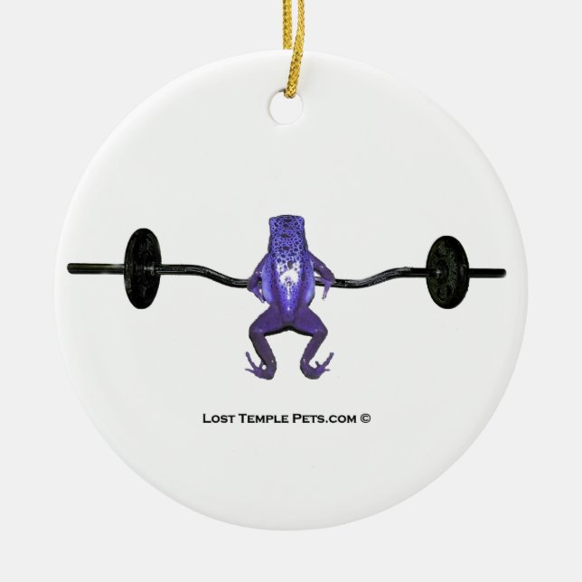 Purple Frog Lifting Weights Ceramic Tree Decoration (Front)