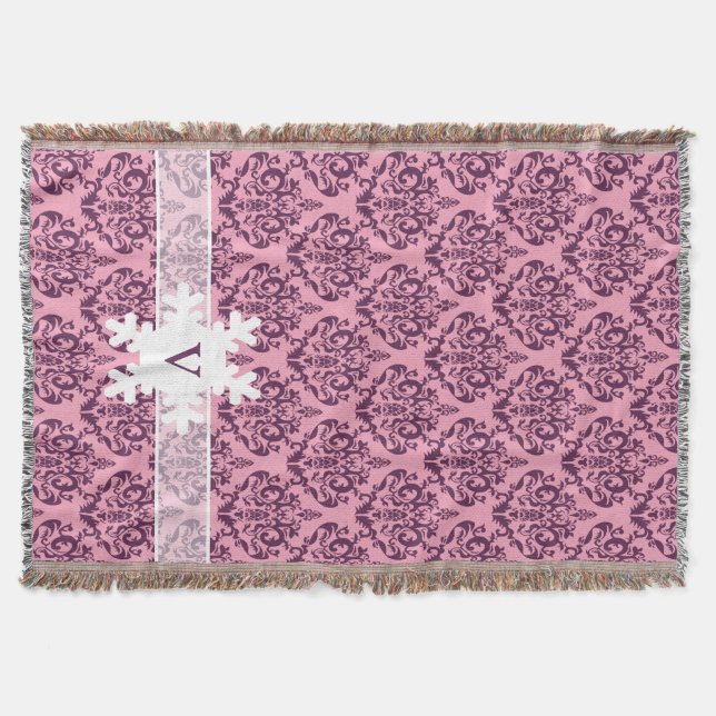 Purple Frosted Orchid Damask with Snowflake Throw Blanket (Front)