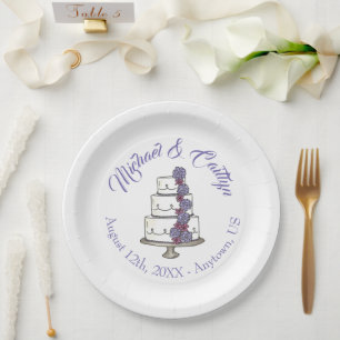 Purple Frosting Roses Tiered Floral Wedding Cake Paper Plate