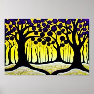 Purple fruit trees with bold yellow background poster