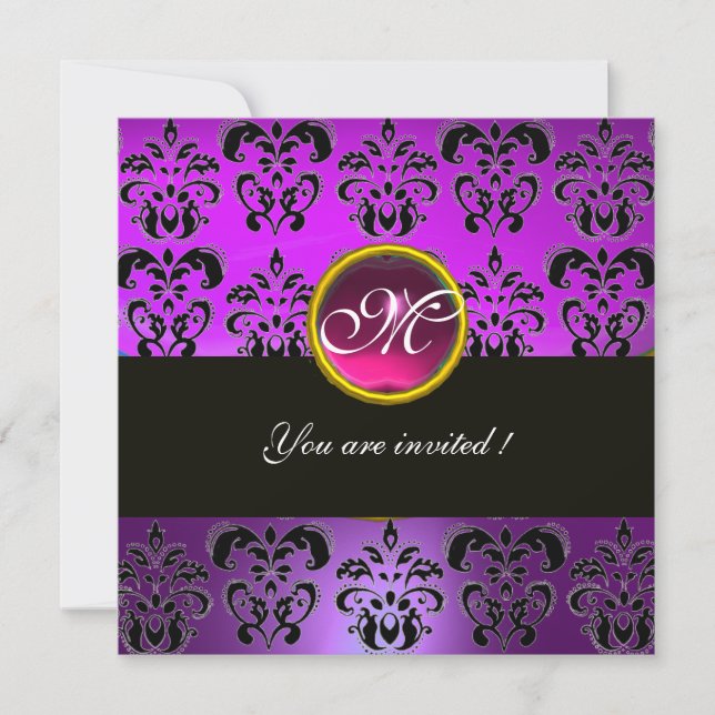 PURPLE FUCHSIA BLACK DAMASK MONOGRAM,pink amethyst Invitation (Front)