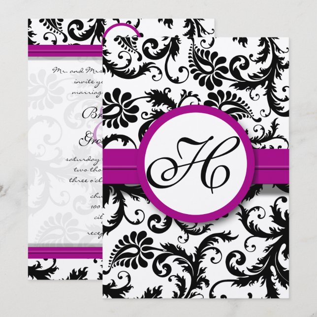 Purple Fuchsia Damask Swirl Wedding Invitations (Front/Back)