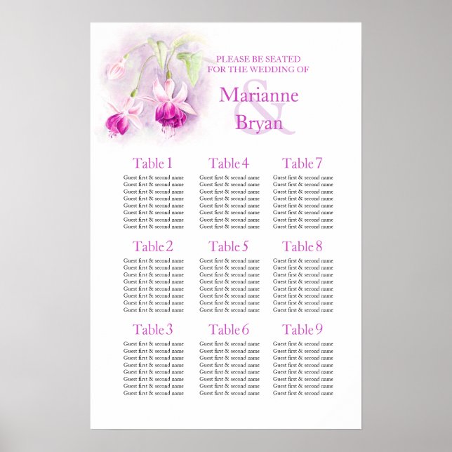 Purple fuchsia Wedding Seating Table Planner 1-9 Poster (Front)