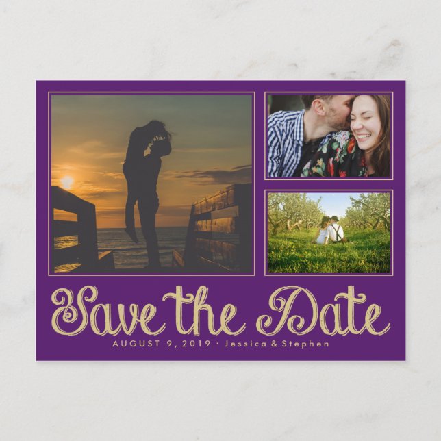 Purple Fun Chalk Save The Date Collage Postcard (Front)