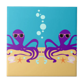 Purple Fun Groovy Octopus Cartoon Art Tile