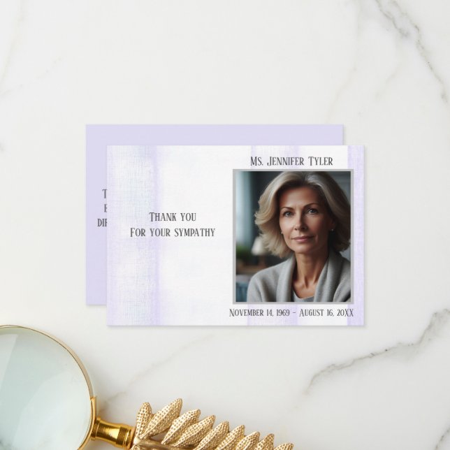 Purple Funeral Memorial From Family Thank You Card (Front/Back In Situ)