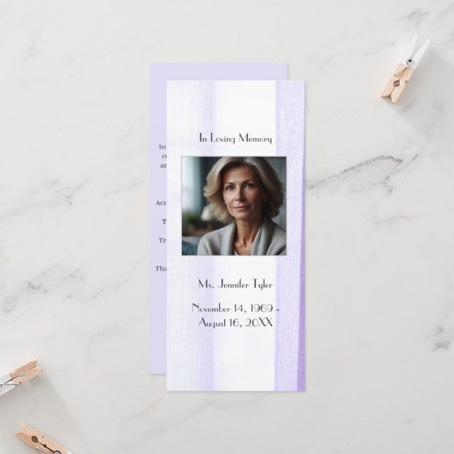 Purple Funeral Memorial Prayer Bookmark Card (Front/Back In Situ)