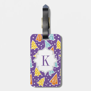 Purple funky Christmas trees pattern, monogram Luggage Tag