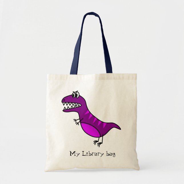 Purple funny angry dinosaur kid's library bag (Front)