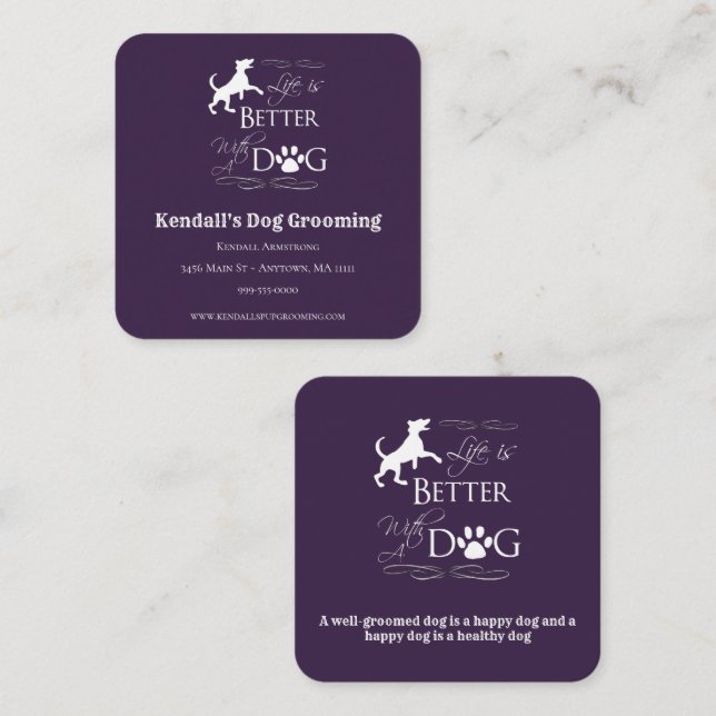 Purple Funny Quote Dog Grooming Square Business Card (Front/Back)