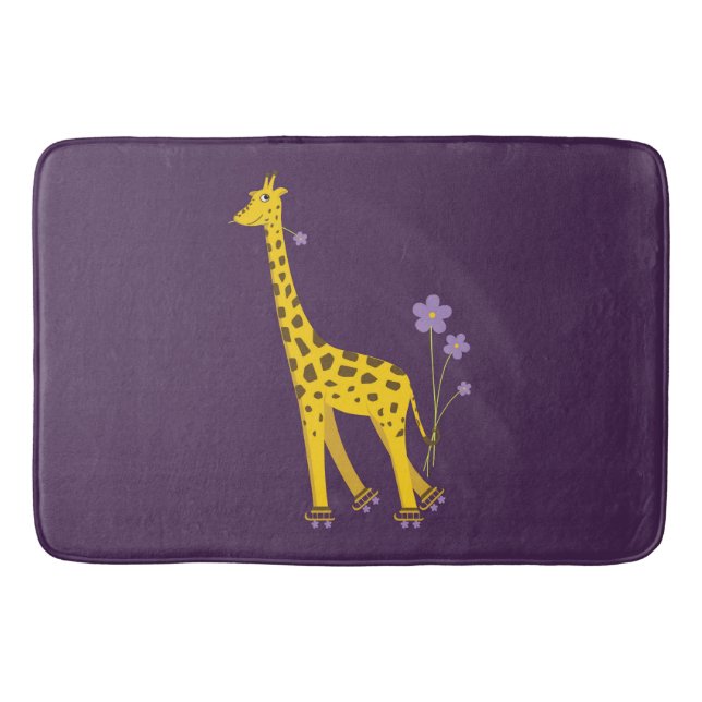 Purple Funny Roller Skating Giraffe Bath Mat (Front)