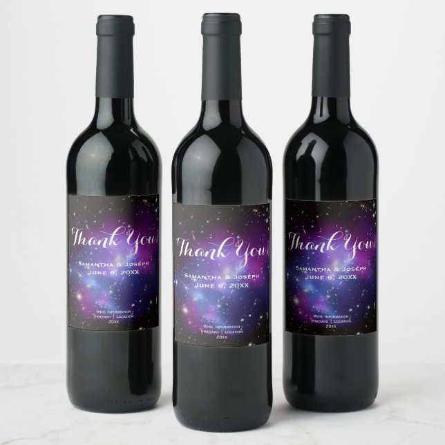 Purple Galaxies Wedding Thank You Wine Label (Bottles)