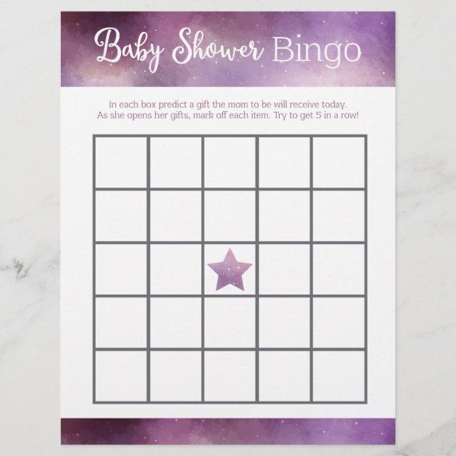 Purple Galaxy Baby Shower Bingo Game (Front)