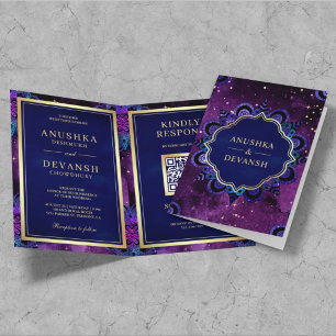 Purple Galaxy Blue Mandala QR Code Indian Wedding Invitation