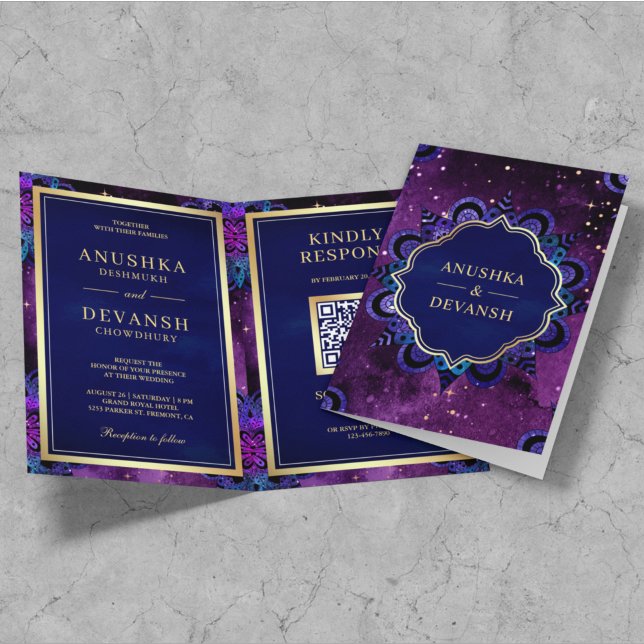 Purple Galaxy Blue Mandala QR Code Indian Wedding Invitation (Creator Uploaded)