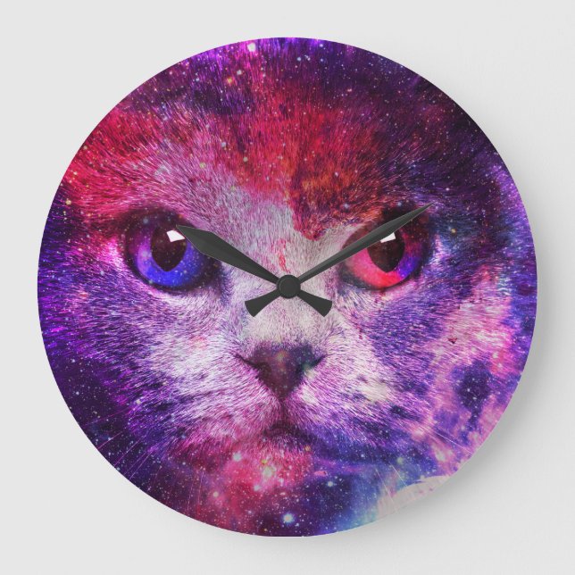 Purple Galaxy Cat  Large Clock (Front)