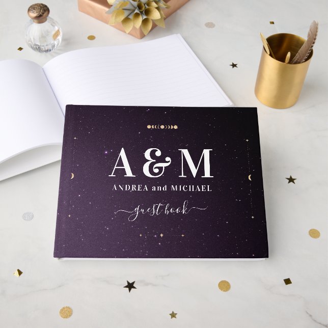 Purple Galaxy Celestial Starry Gold Moon Wedding Guest Book (Front Open)