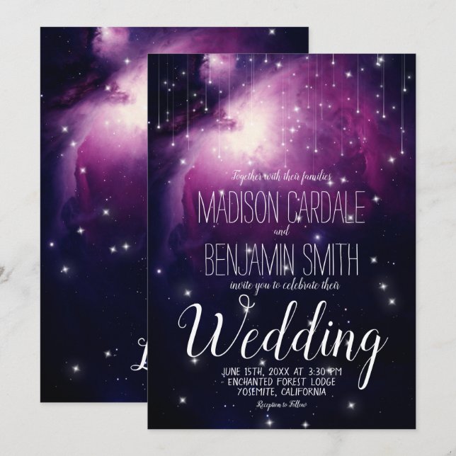 Purple Galaxy Celestial Stars Fairy Lights Wedding Invitation (Front/Back)