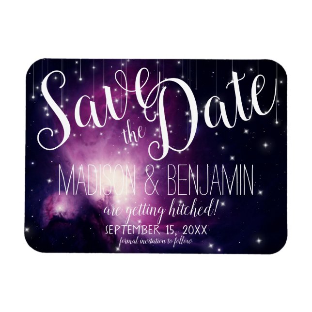 Purple Galaxy Celestial Stars Lights Save the Date Magnet (Horizontal)