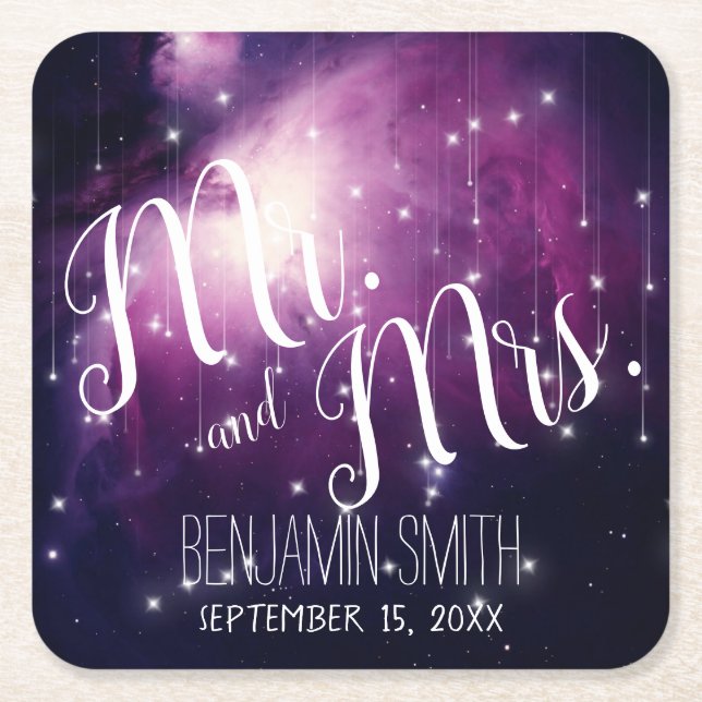 Purple Galaxy Celestial Stars Night Sky Wedding Square Paper Coaster (Front)