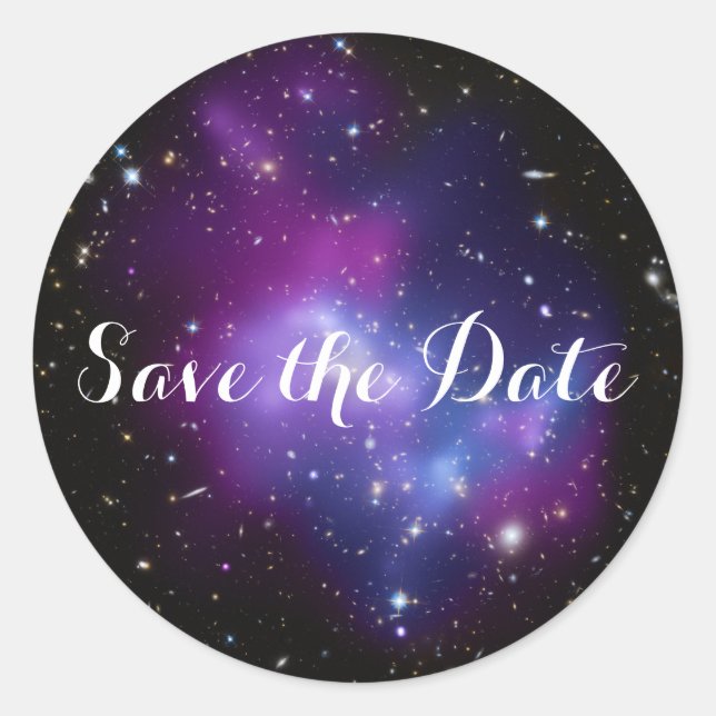 Purple Galaxy Cluster Save the Date Classic Round Sticker (Front)
