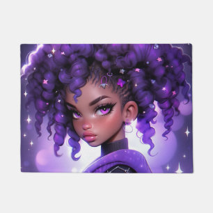 Purple Galaxy Girl with Curly Hair Doormat