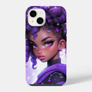 Purple Galaxy Girl with Curly Hair iPhone 14 Case