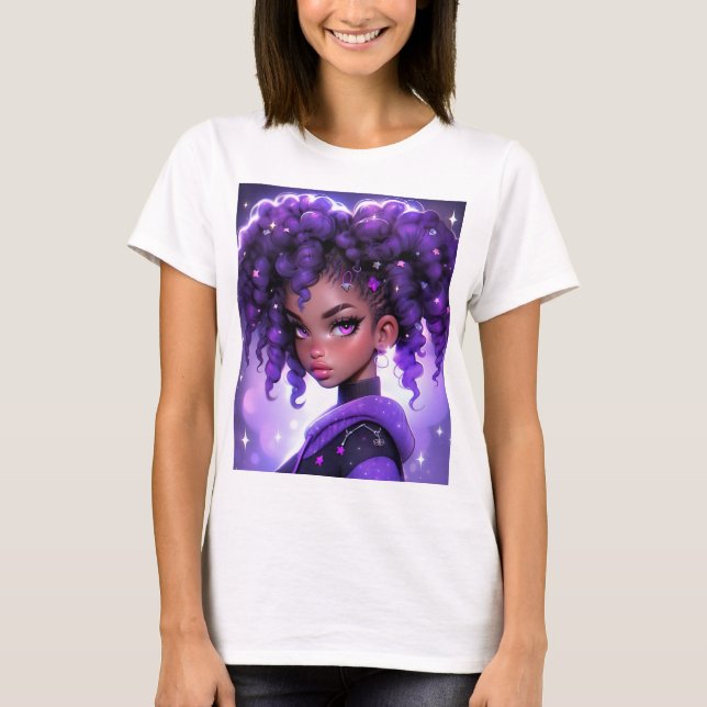 Purple Galaxy Girl with Curly Hair T-Shirt (Front)