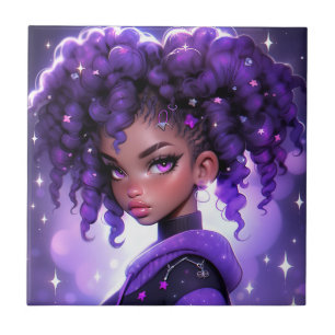 Purple Galaxy Girl with Curly Hair Tile