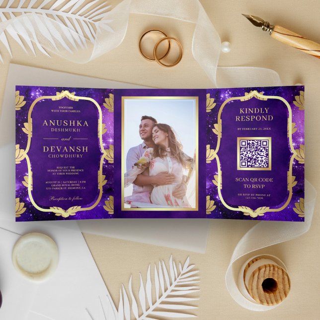 Purple Galaxy Gold Lotus QR Code Indian Wedding Tri-Fold Invitation (Creator Uploaded)