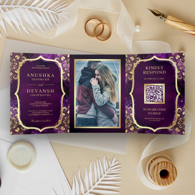 Purple Galaxy Gold Mandala QR Code Indian Wedding Tri-Fold Invitation (Creator Uploaded)