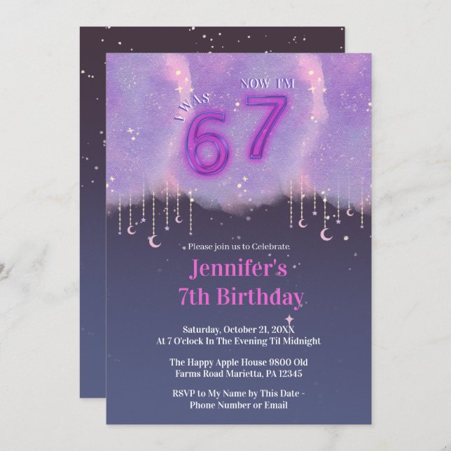 Purple Galaxy “I Was 6 Now I’m 7” Girl Birthday Invitation (Front/Back)