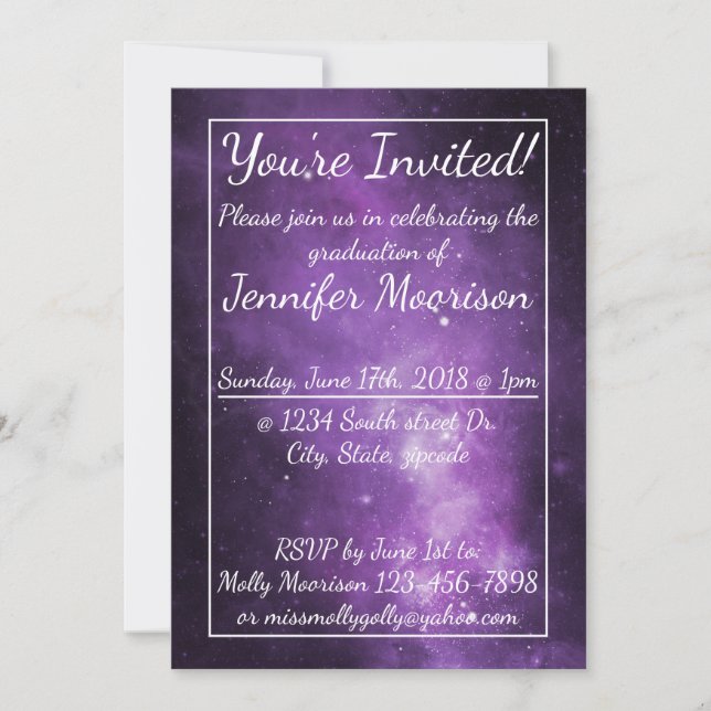Purple Galaxy Outer Space Graduation Party Invites (Front)