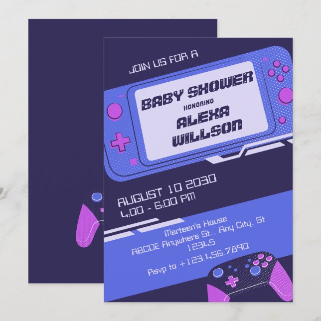 Purple gamer baby shower invitation (Front/Back)