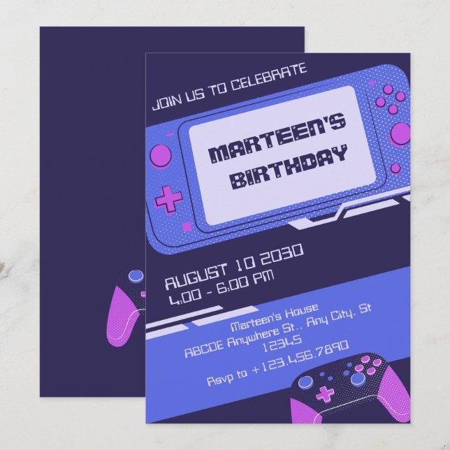 Purple gamer birthday  invitation (Front/Back)