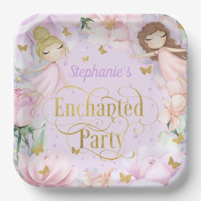 Purple, Garden fairy enchanted party birthday Paper Plate (Front)