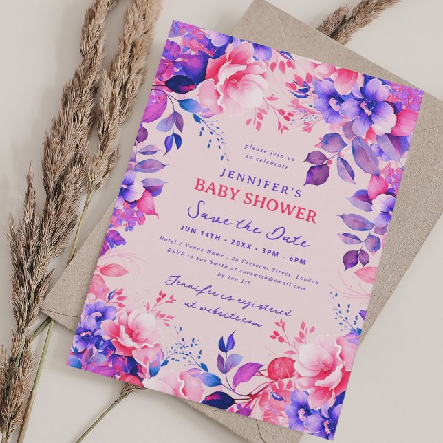 Purple Garden Floral Baby Shower Save Date Blush Invitation (Purple Garden Floral Baby Shower Save Date Blush Invitation)