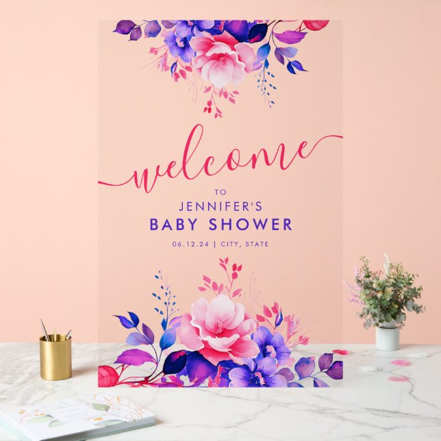 Purple GARDEN FLORAL Baby Shower Welcome  Acrylic Sign (Wedding)